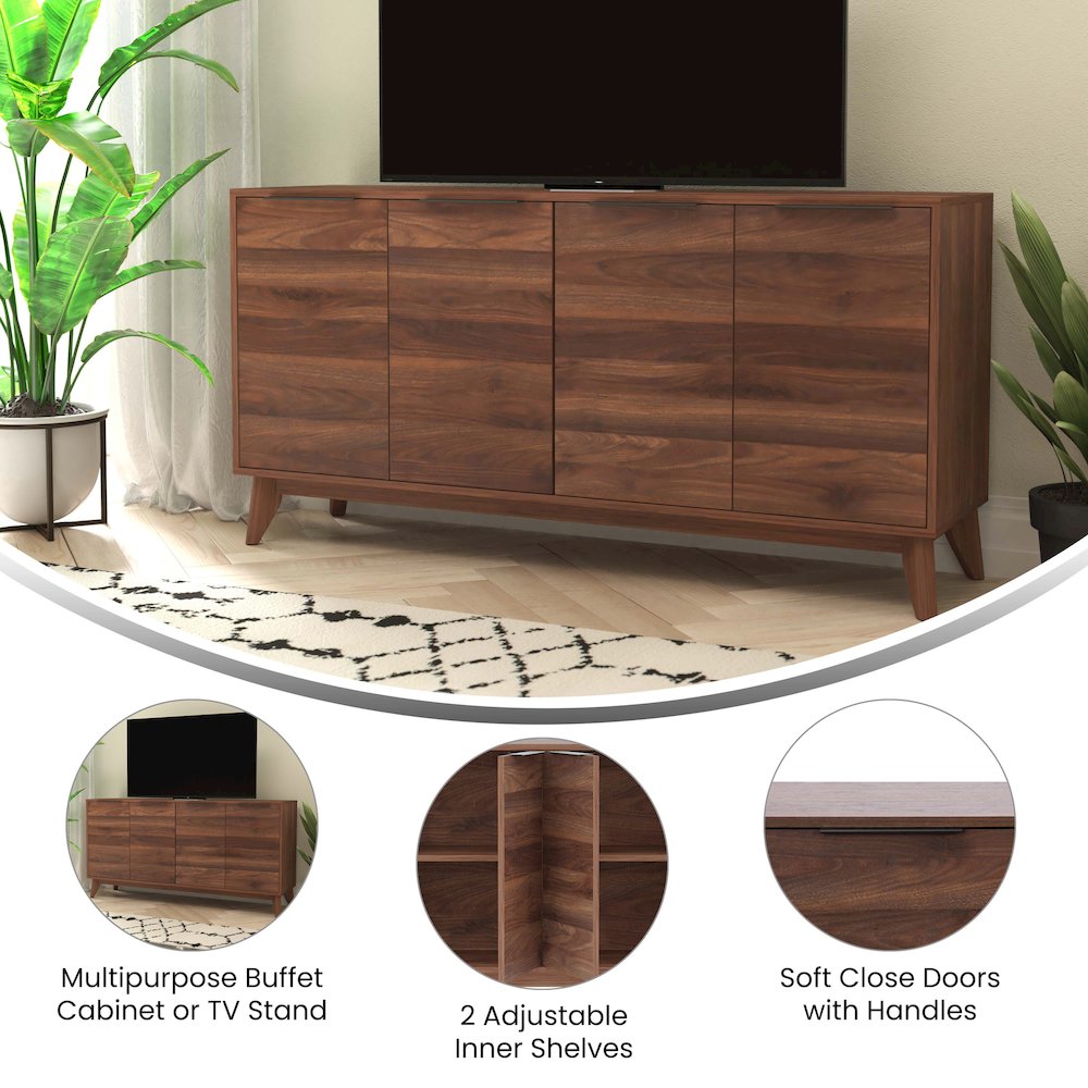 60 in 4 Door Storage Buffet Sideboard, TV Stand for up to 64" TV's, Dark Walnut. Picture 4