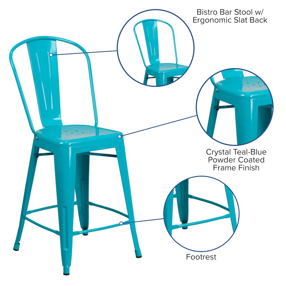24" High Crystal Teal-Blue Metal Indoor-Outdoor Counter Height Stool with Back. Picture 5