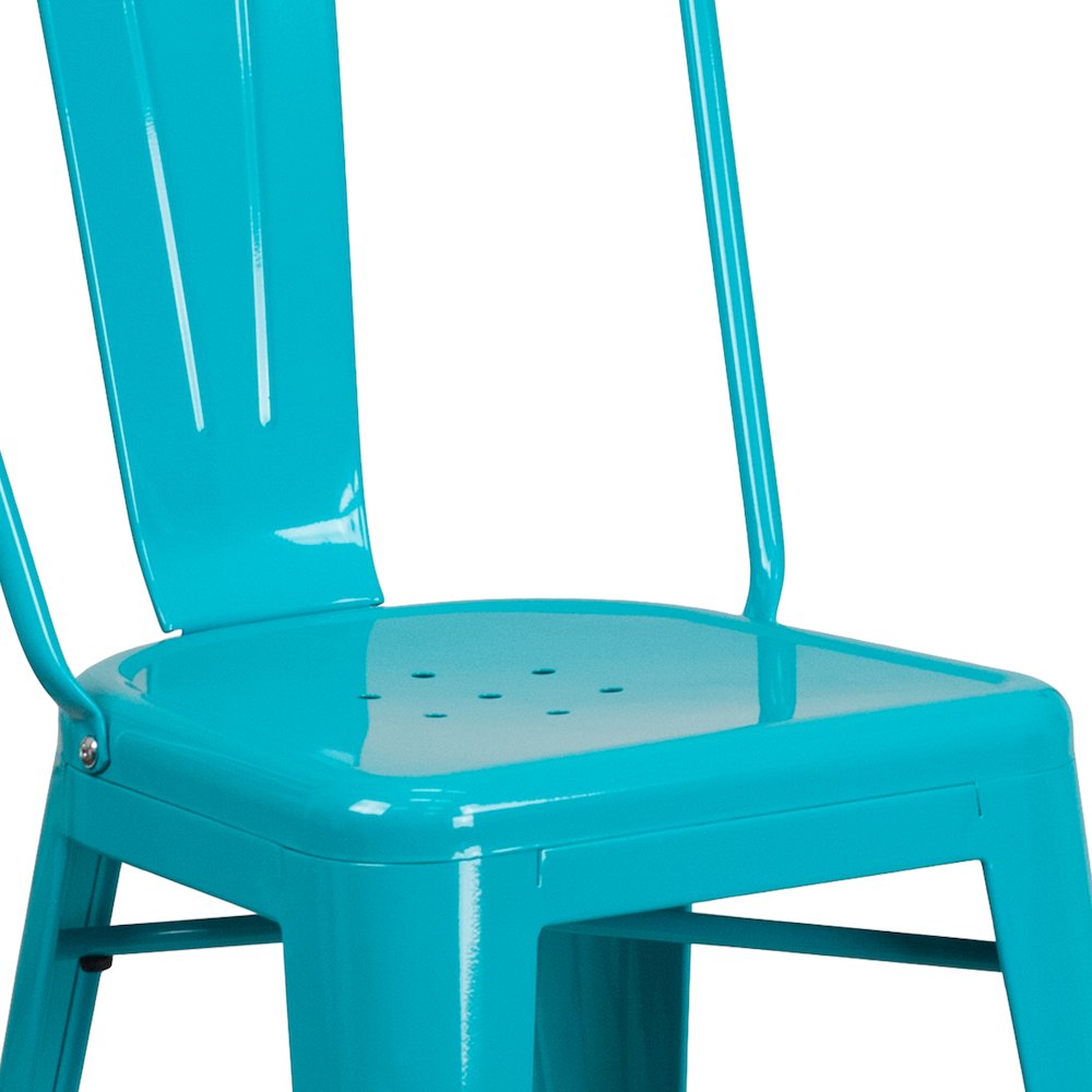 24" High Crystal Teal-Blue Metal Indoor-Outdoor Counter Height Stool with Back. Picture 11