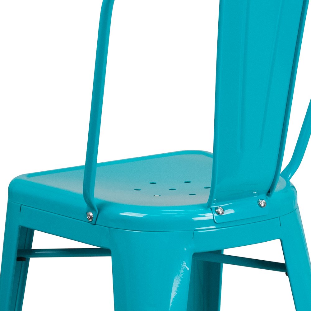 24" High Crystal Teal-Blue Metal Indoor-Outdoor Counter Height Stool with Back. Picture 8