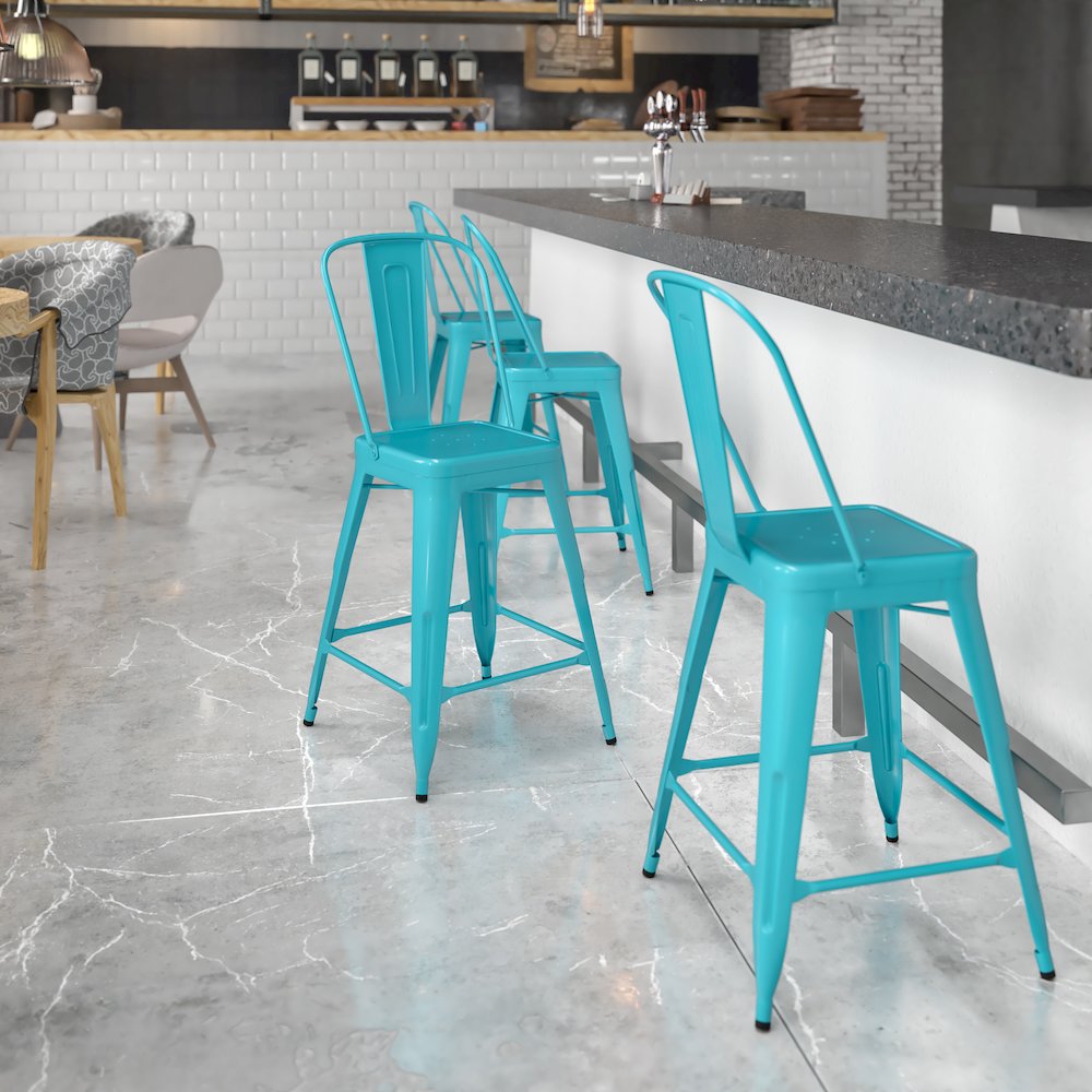24" High Crystal Teal-Blue Metal Indoor-Outdoor Counter Height Stool with Back. Picture 2