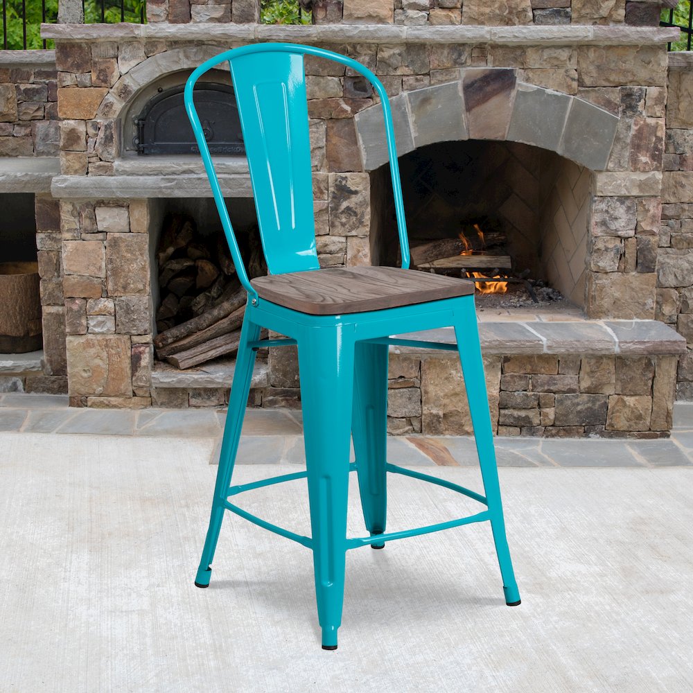 24" High Crystal Teal-Blue Metal Counter Height Stool with Back and Wood Seat. Picture 2