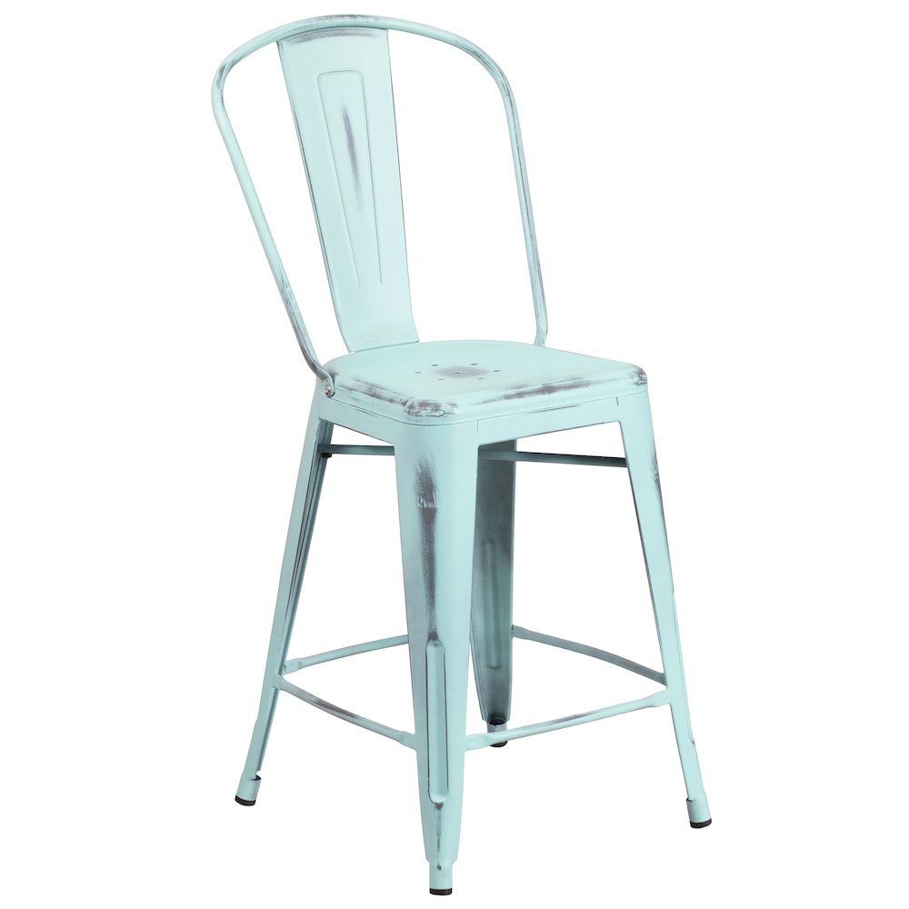 24" High Distressed Green-Blue Metal Indoor-Outdoor Counter Height Stool. Picture 1