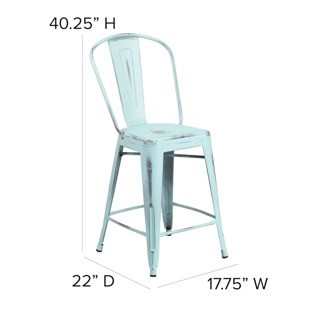 24" High Distressed Green-Blue Metal Indoor-Outdoor Counter Height Stool. Picture 6