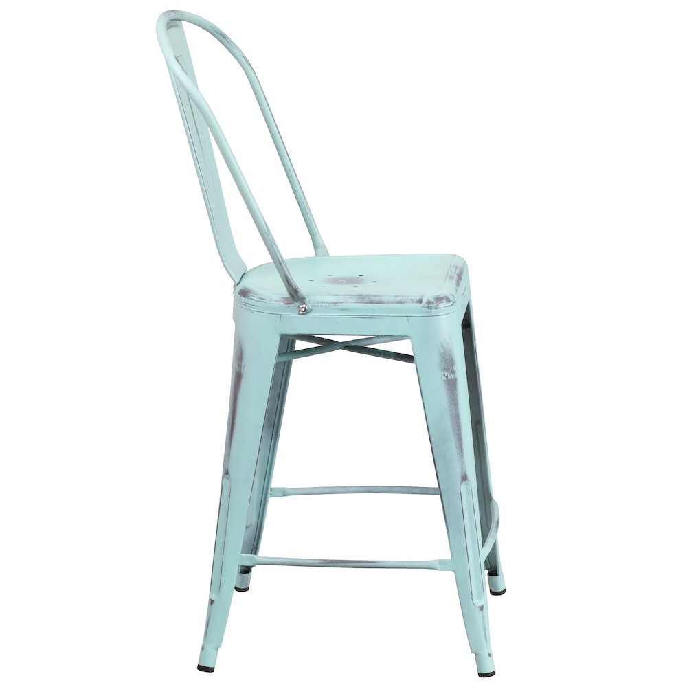 24" High Distressed Green-Blue Metal Indoor-Outdoor Counter Height Stool. Picture 9