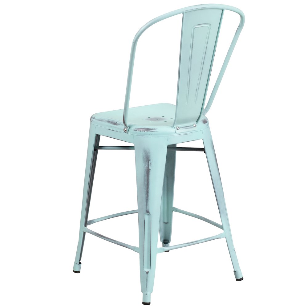24" High Distressed Green-Blue Metal Indoor-Outdoor Counter Height Stool. Picture 7