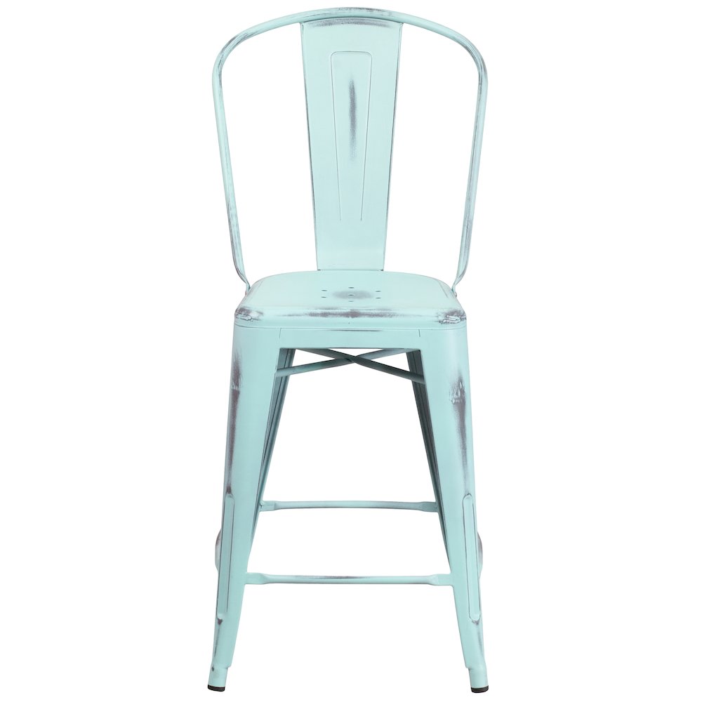 24" High Distressed Green-Blue Metal Indoor-Outdoor Counter Height Stool. Picture 10