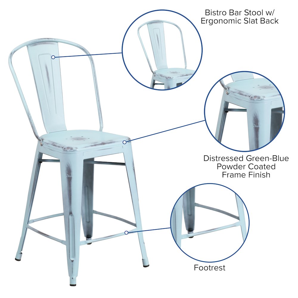24" High Distressed Green-Blue Metal Indoor-Outdoor Counter Height Stool. Picture 5