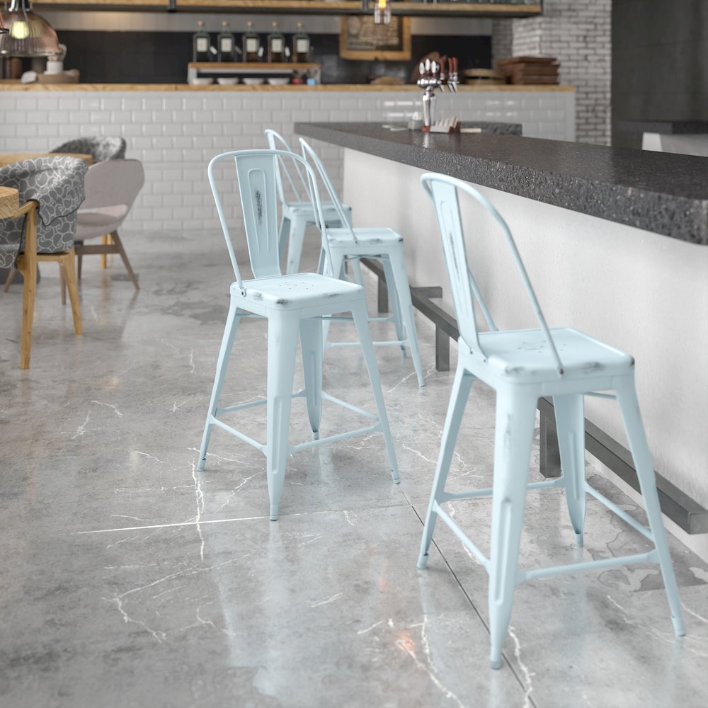 24" High Distressed Green-Blue Metal Indoor-Outdoor Counter Height Stool. Picture 2
