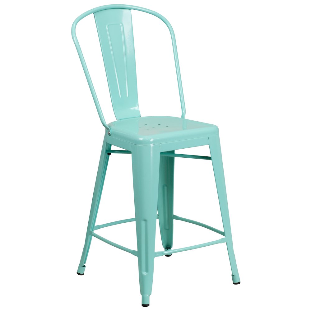 24" High Mint Green Metal Indoor-Outdoor Counter Height Stool with Back. Picture 1