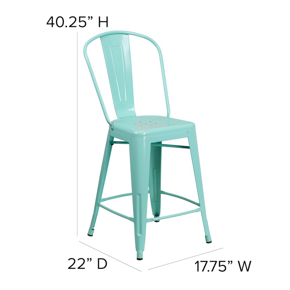 24" High Mint Green Metal Indoor-Outdoor Counter Height Stool with Back. Picture 6