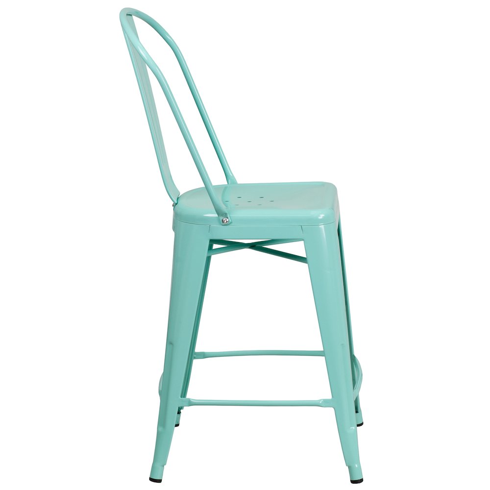 24" High Mint Green Metal Indoor-Outdoor Counter Height Stool with Back. Picture 9