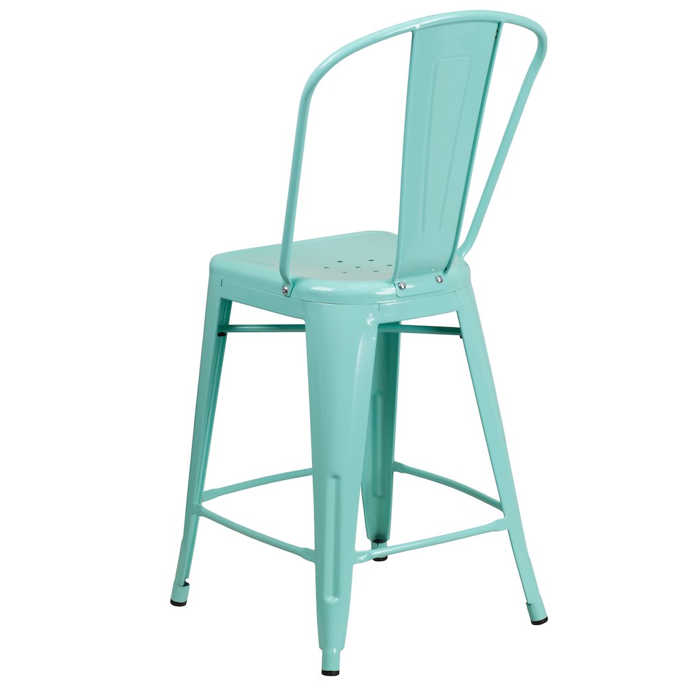 24" High Mint Green Metal Indoor-Outdoor Counter Height Stool with Back. Picture 7