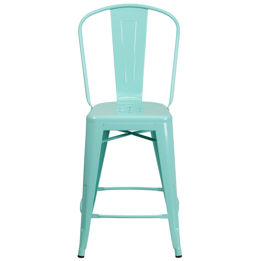 24" High Mint Green Metal Indoor-Outdoor Counter Height Stool with Back. Picture 10
