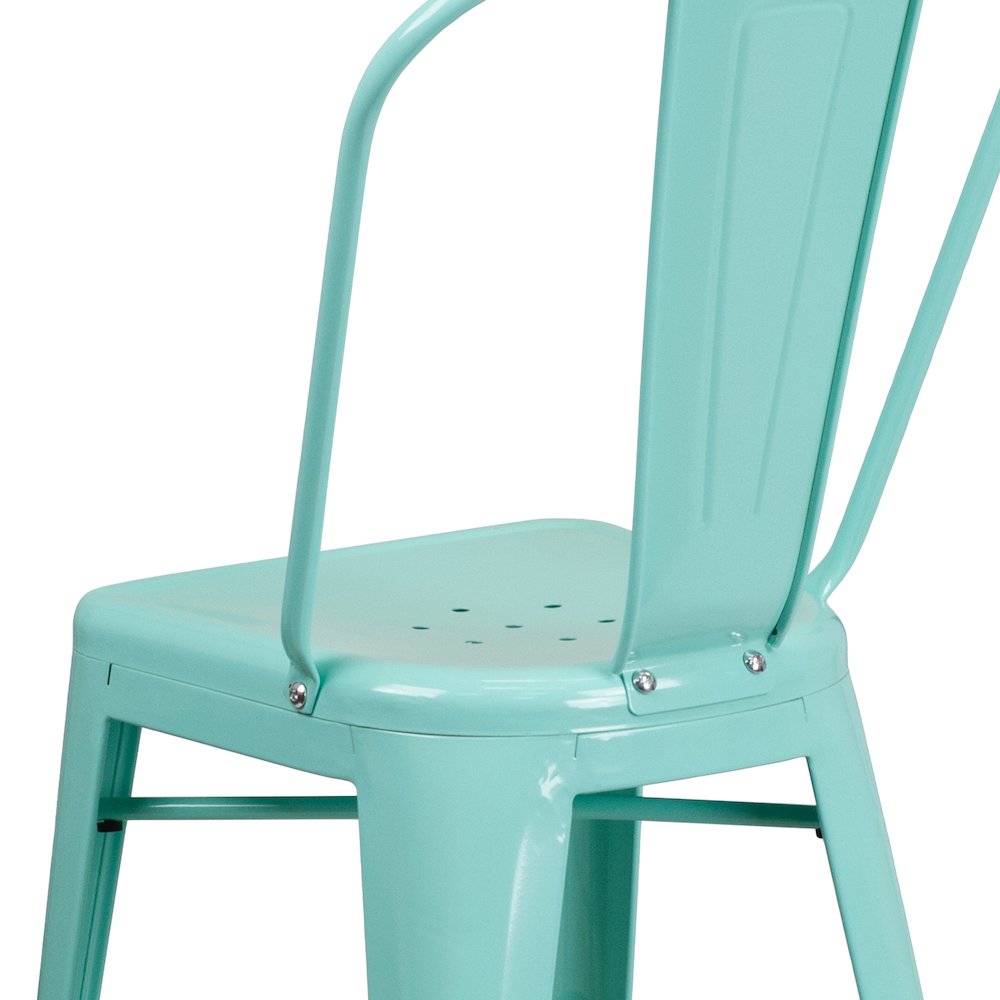 24" High Mint Green Metal Indoor-Outdoor Counter Height Stool with Back. Picture 8