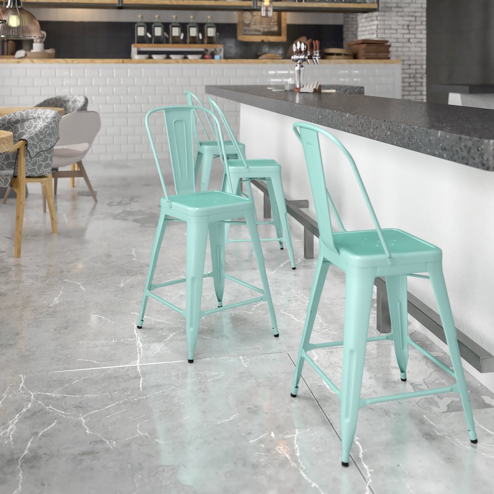 24" High Mint Green Metal Indoor-Outdoor Counter Height Stool with Back. Picture 2