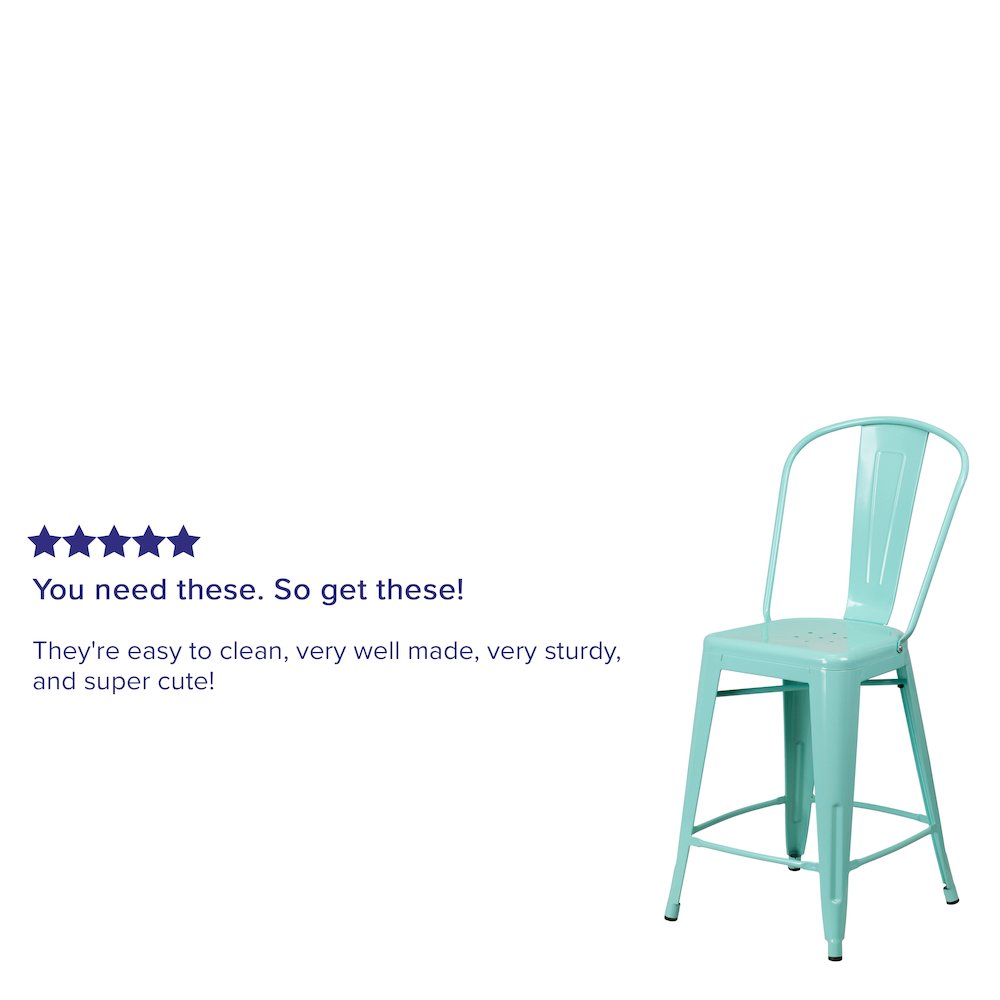 24" High Mint Green Metal Indoor-Outdoor Counter Height Stool with Back. Picture 4