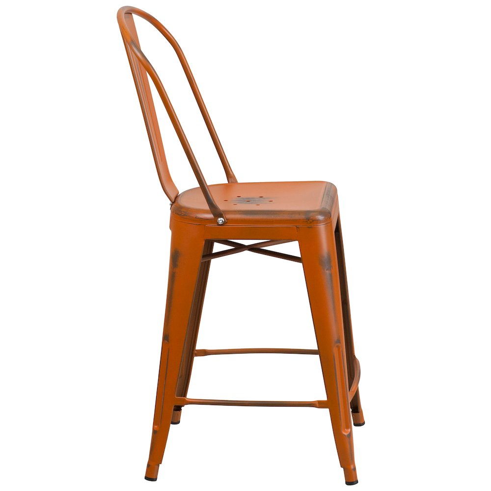 Commercial Grade 24" High Distressed Orange Metal Indoor-Outdoor Counter Height Stool with Back. Picture 3