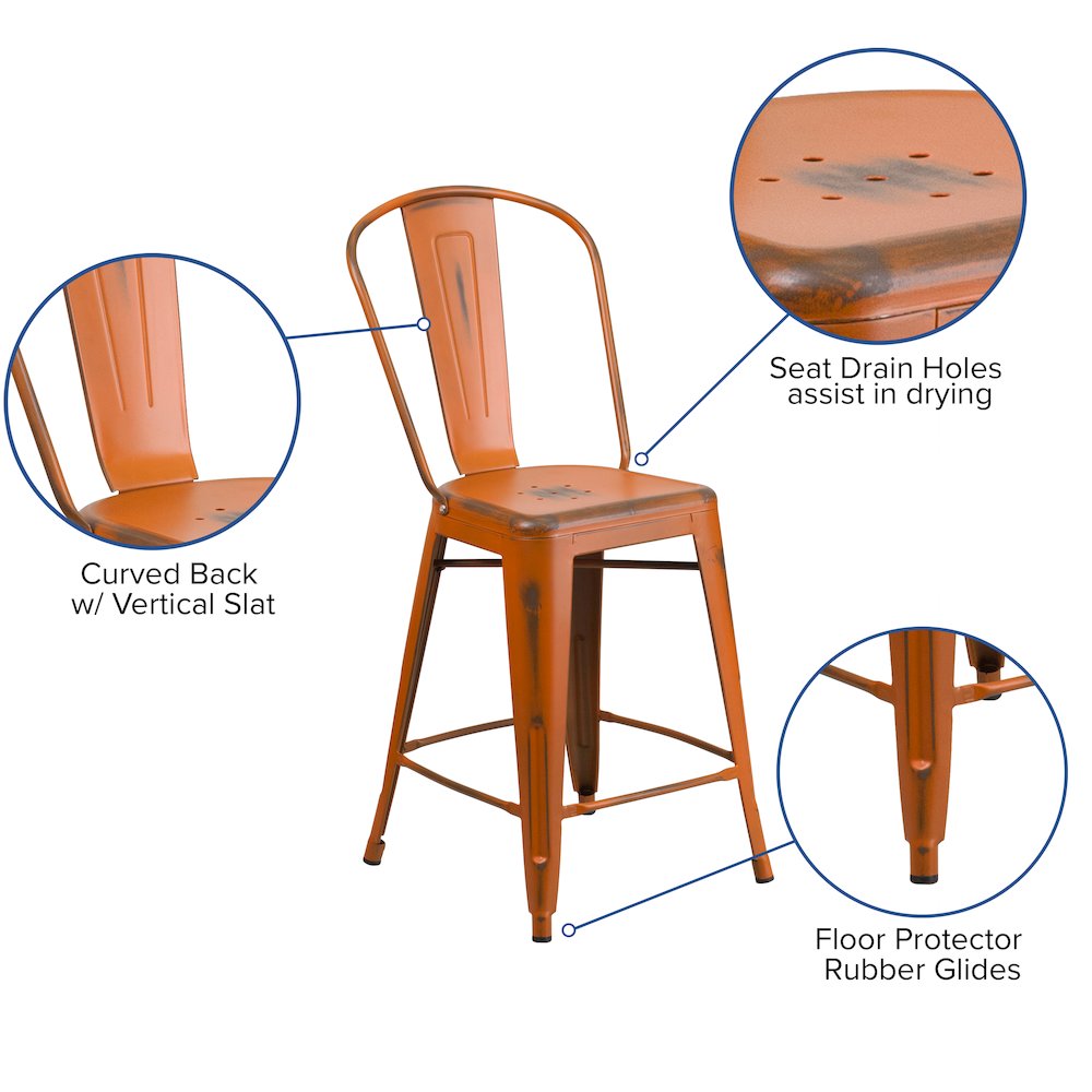 24" High Distressed Orange Metal Indoor-Outdoor Counter Height Stool with Back. Picture 5
