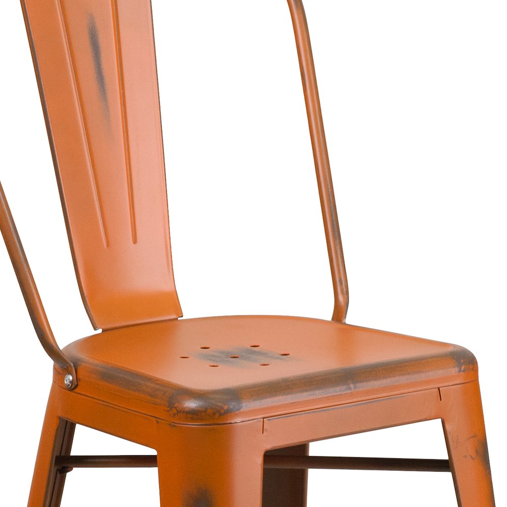 24" High Distressed Orange Metal Indoor-Outdoor Counter Height Stool with Back. Picture 8