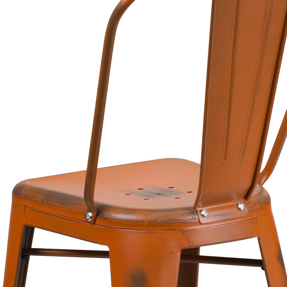 24" High Distressed Orange Metal Indoor-Outdoor Counter Height Stool with Back. Picture 11
