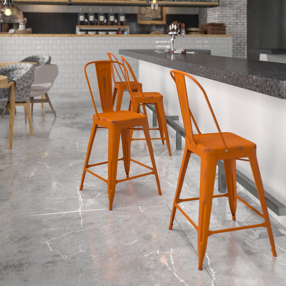 24" High Distressed Orange Metal Indoor-Outdoor Counter Height Stool with Back. Picture 2