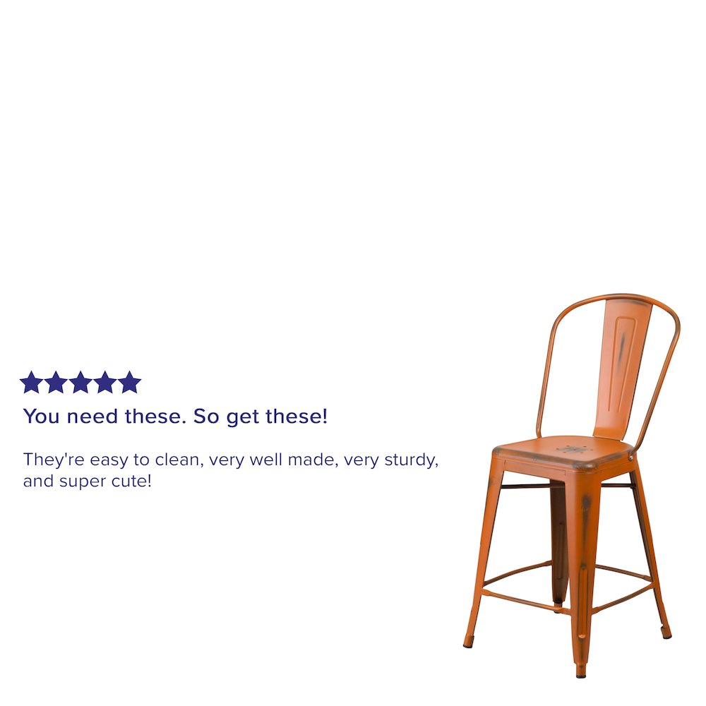 Commercial Grade 24" High Distressed Orange Metal Indoor-Outdoor Counter Height Stool with Back. Picture 6