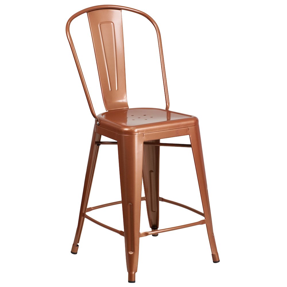 24" High Copper Metal Indoor-Outdoor Counter Height Stool with Back. Picture 1