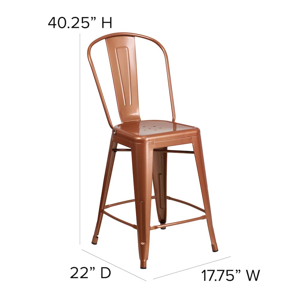 24" High Copper Metal Indoor-Outdoor Counter Height Stool with Back. Picture 6