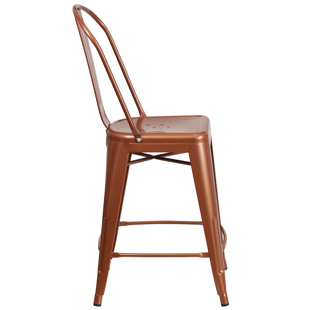 24" High Copper Metal Indoor-Outdoor Counter Height Stool with Back. Picture 9
