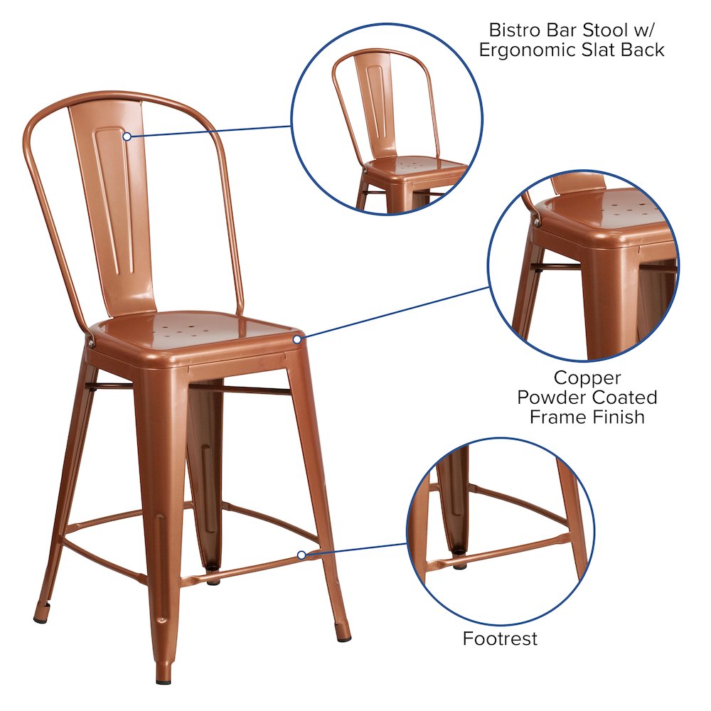 24" High Copper Metal Indoor-Outdoor Counter Height Stool with Back. Picture 5