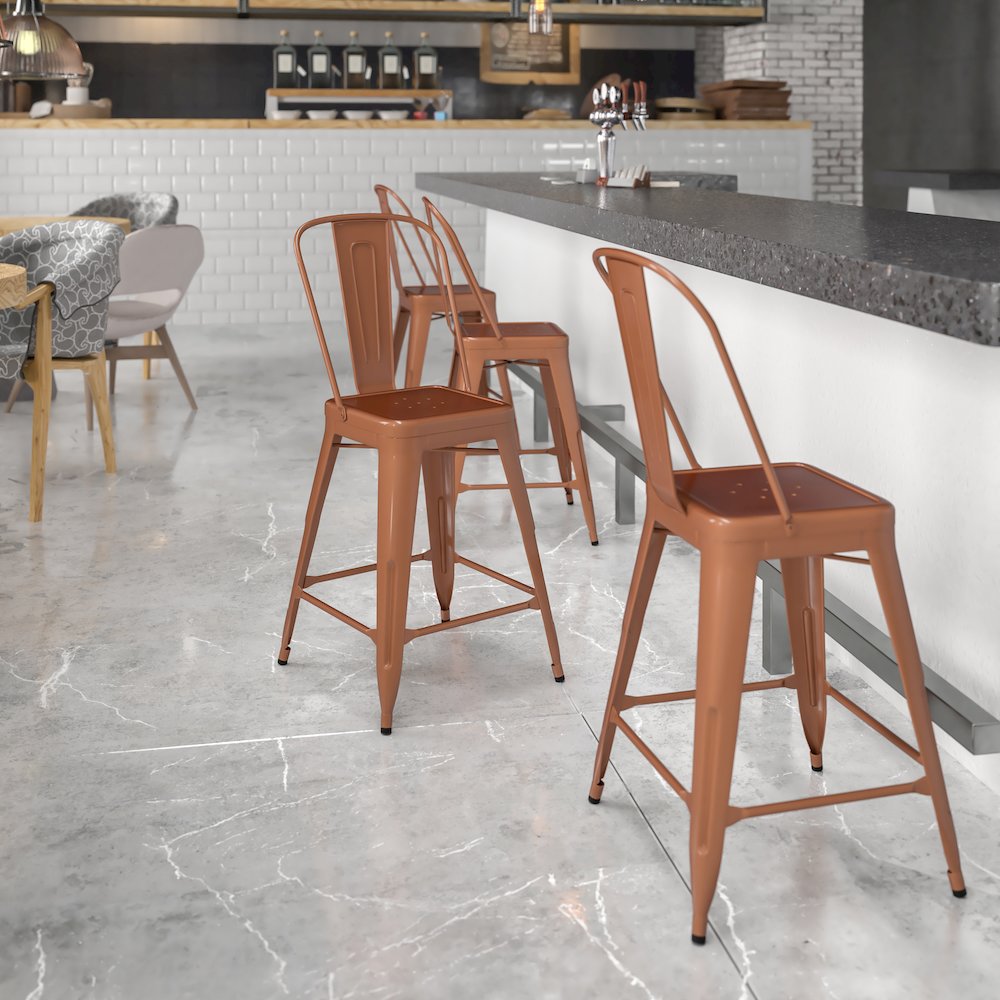24" High Copper Metal Indoor-Outdoor Counter Height Stool with Back. Picture 2