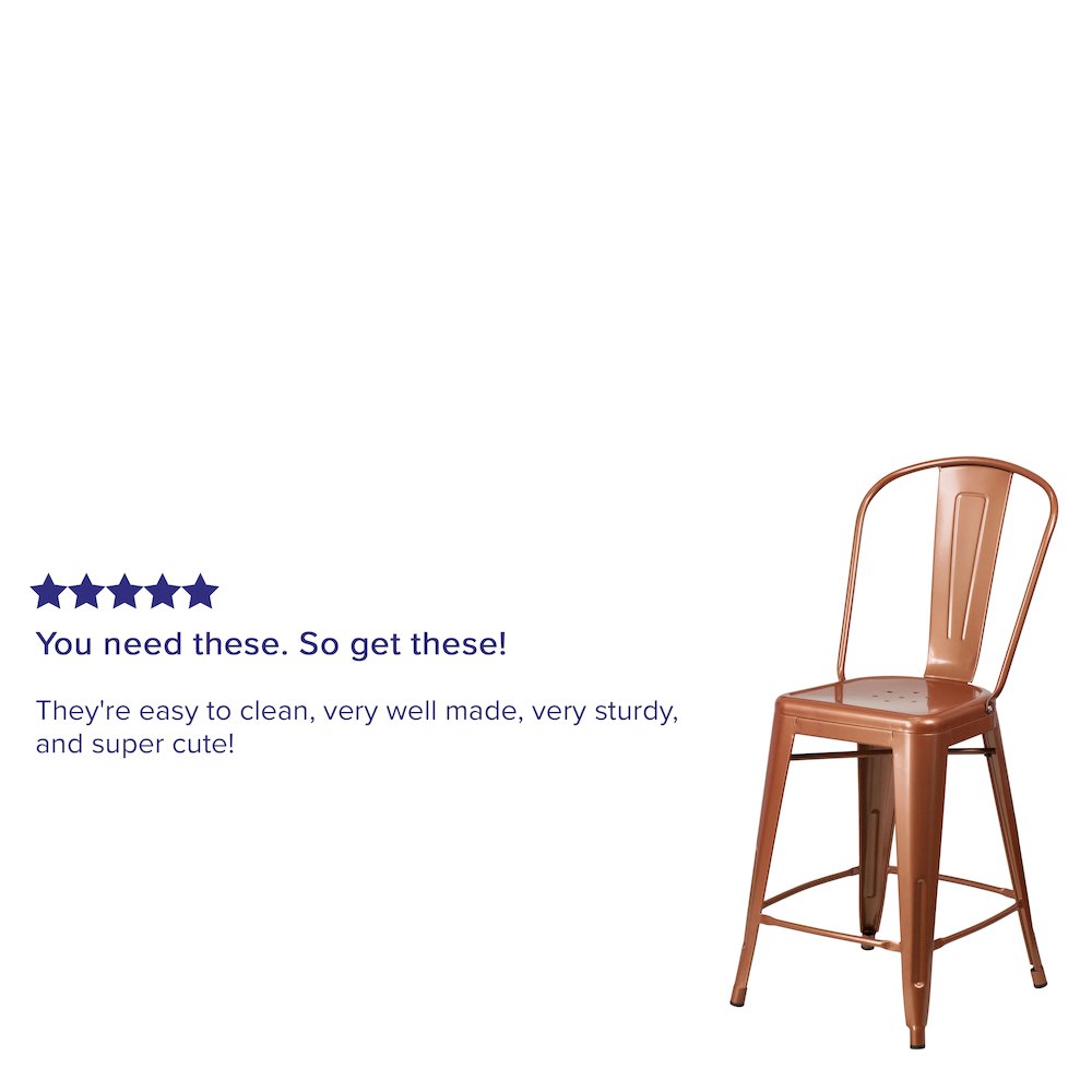 24" High Copper Metal Indoor-Outdoor Counter Height Stool with Back. Picture 4