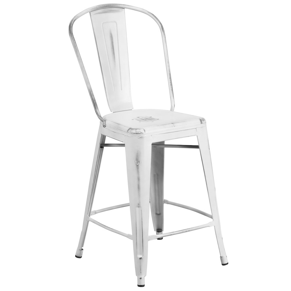24" High Distressed White Metal Indoor-Outdoor Counter Height Stool with Back. Picture 1
