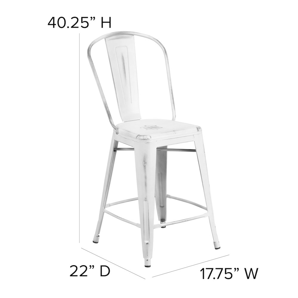 24" High Distressed White Metal Indoor-Outdoor Counter Height Stool with Back. Picture 6
