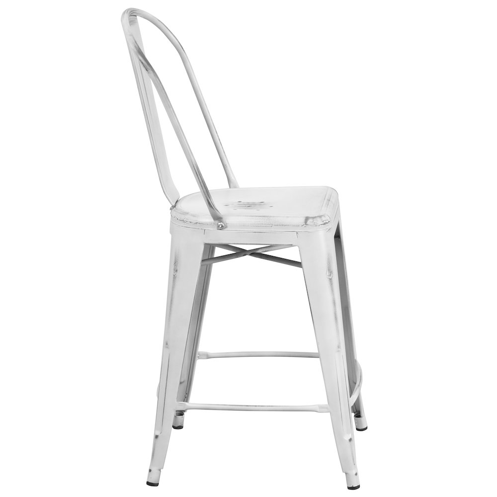 24" High Distressed White Metal Indoor-Outdoor Counter Height Stool with Back. Picture 9