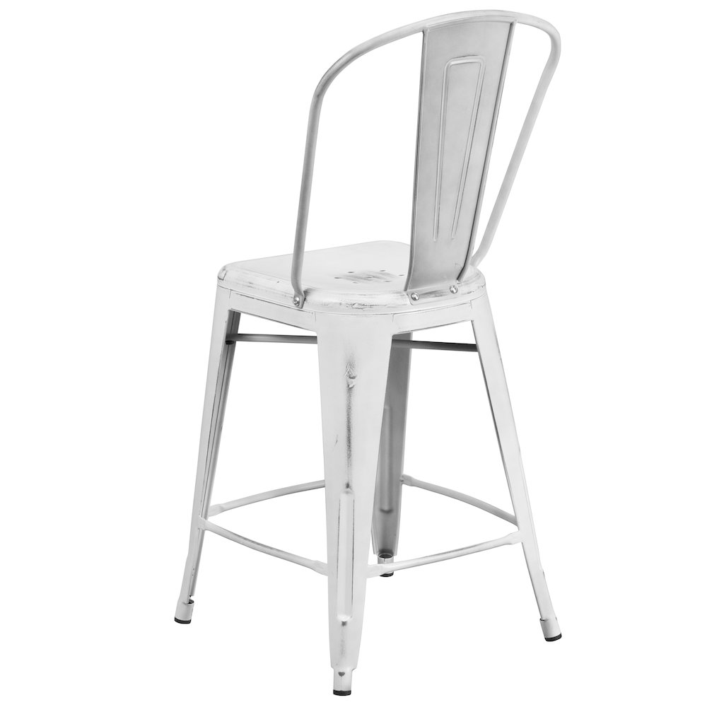 24" High Distressed White Metal Indoor-Outdoor Counter Height Stool with Back. Picture 7