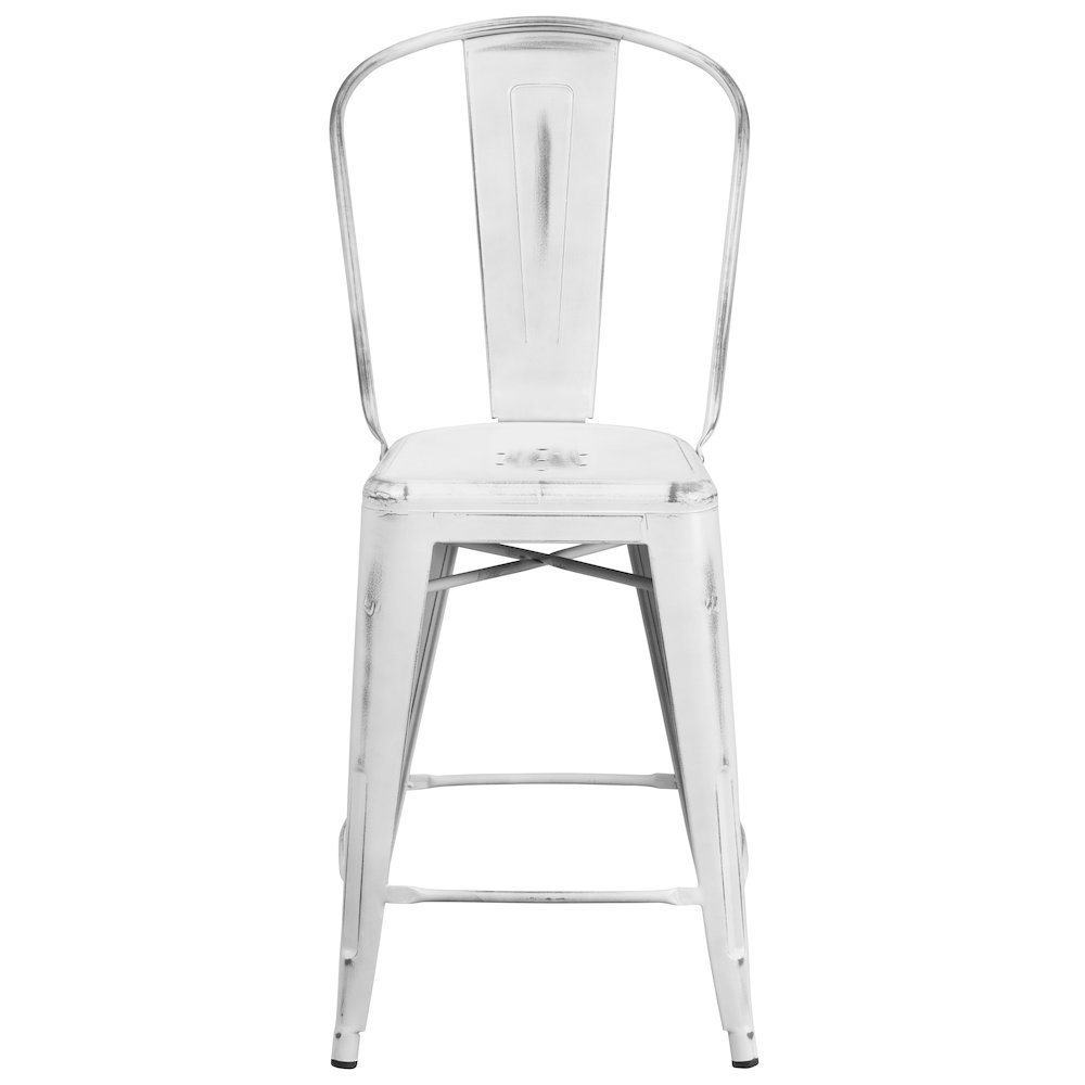 24" High Distressed White Metal Indoor-Outdoor Counter Height Stool with Back. Picture 10