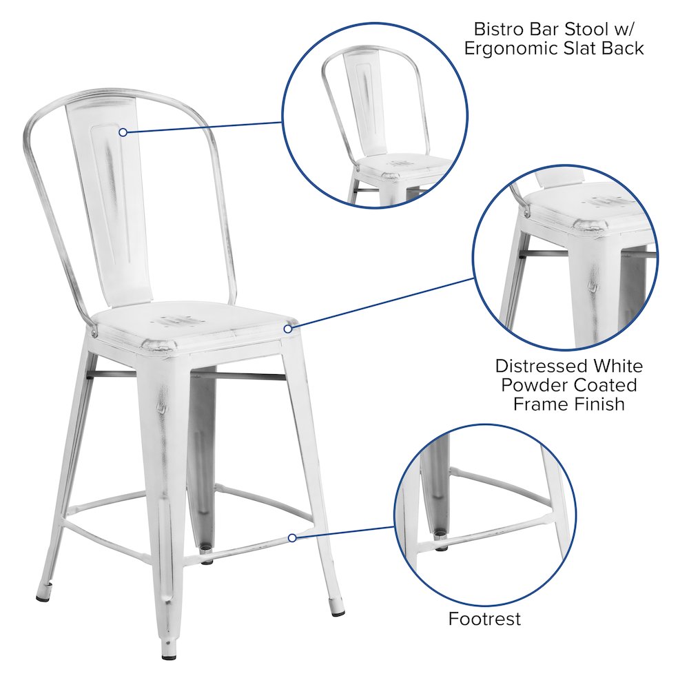 24" High Distressed White Metal Indoor-Outdoor Counter Height Stool with Back. Picture 5