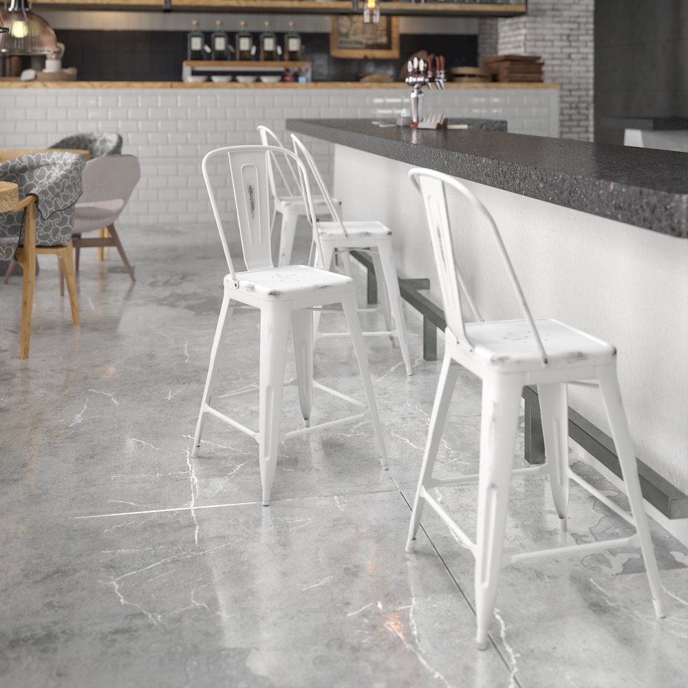24" High Distressed White Metal Indoor-Outdoor Counter Height Stool with Back. Picture 2