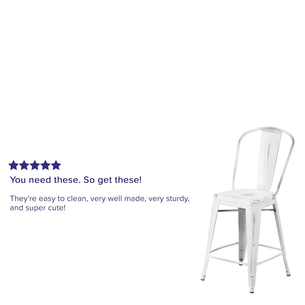 24" High Distressed White Metal Indoor-Outdoor Counter Height Stool with Back. Picture 4