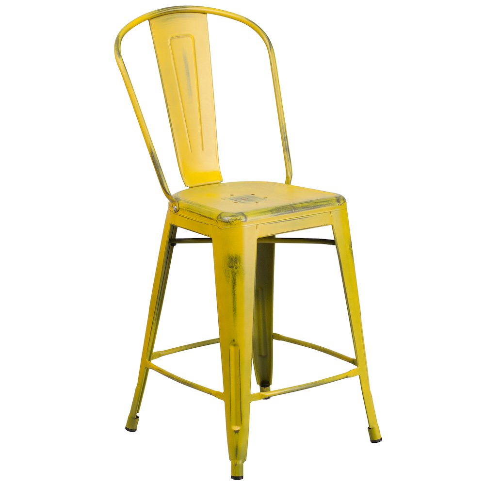 24" High Distressed Yellow Metal Indoor-Outdoor Counter Height Stool with Back. Picture 1