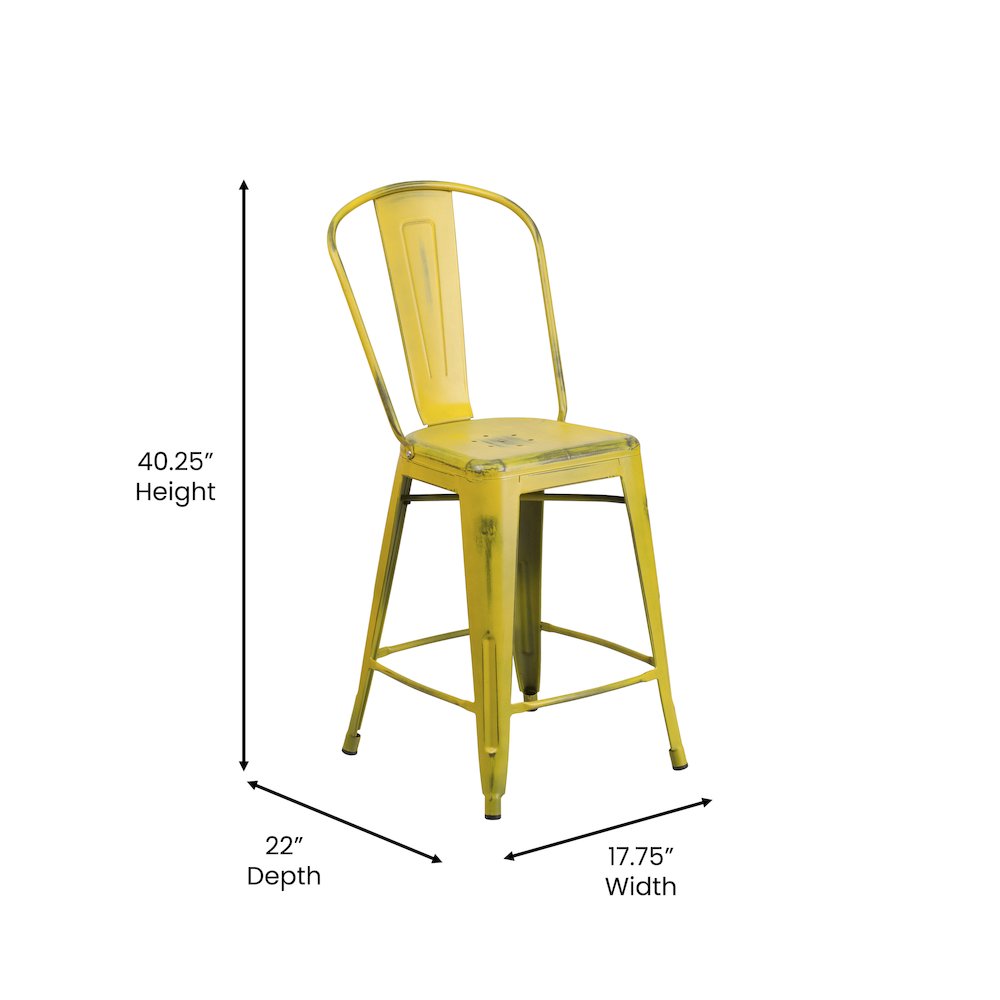 24" High Distressed Yellow Metal Indoor-Outdoor Counter Height Stool with Back. Picture 5