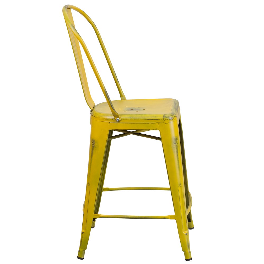 24" High Distressed Yellow Metal Indoor-Outdoor Counter Height Stool with Back. Picture 7