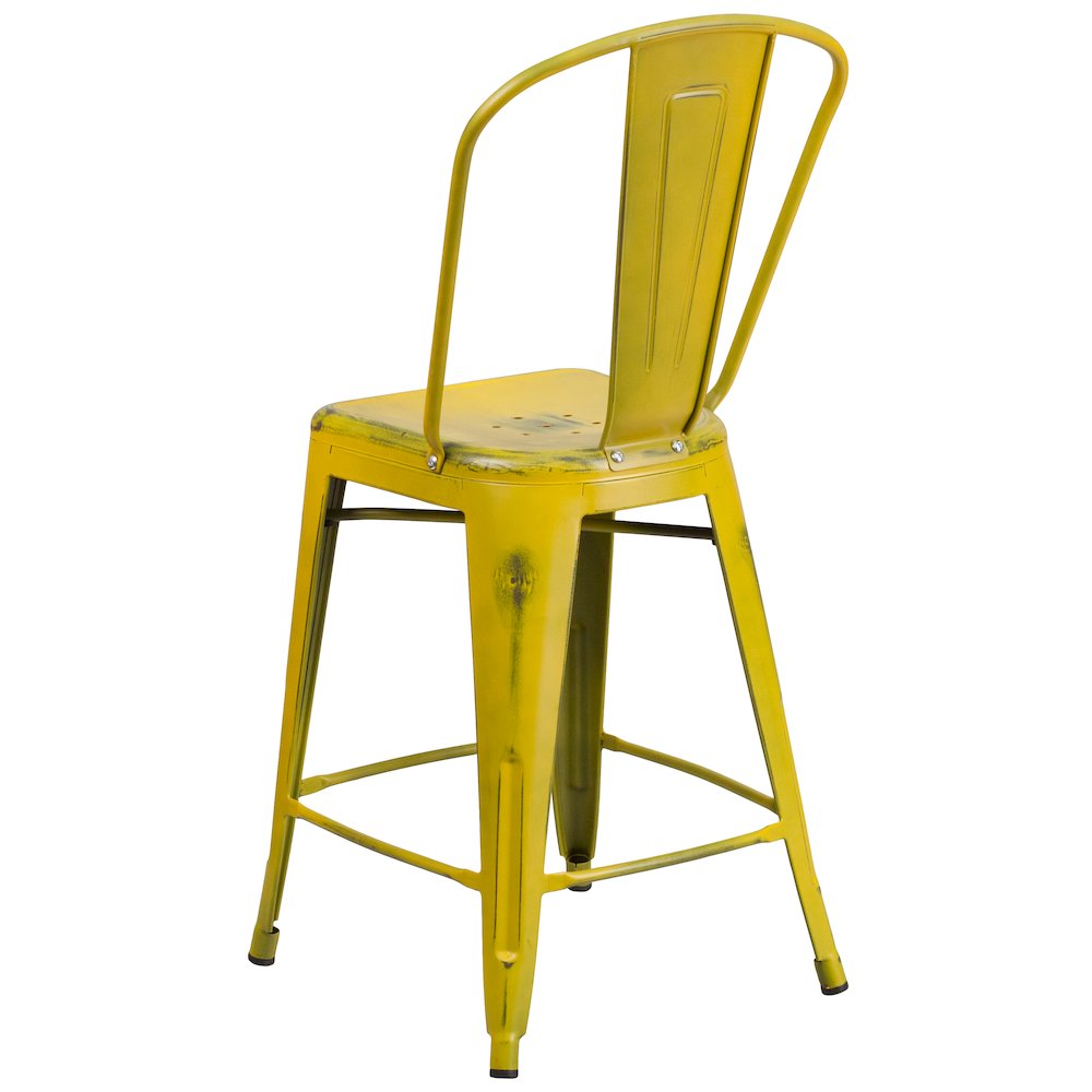 24" High Distressed Yellow Metal Indoor-Outdoor Counter Height Stool with Back. Picture 6