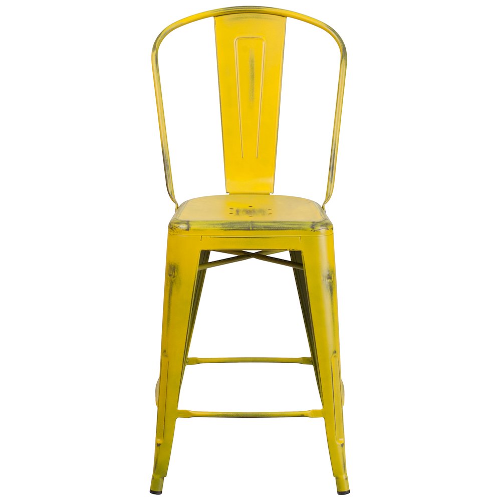 24" High Distressed Yellow Metal Indoor-Outdoor Counter Height Stool with Back. Picture 8
