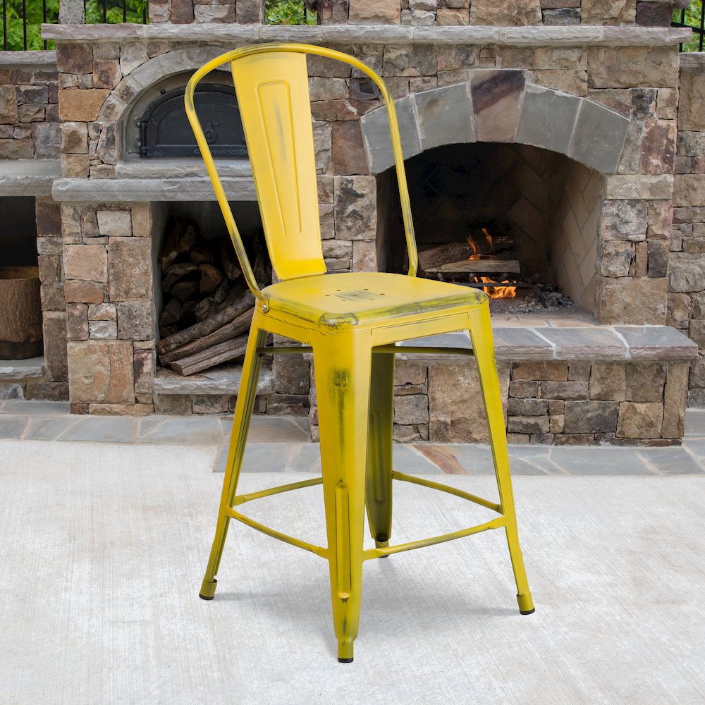 24" High Distressed Yellow Metal Indoor-Outdoor Counter Height Stool with Back. Picture 2