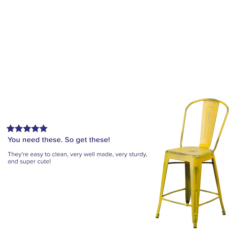 24" High Distressed Yellow Metal Indoor-Outdoor Counter Height Stool with Back. Picture 4