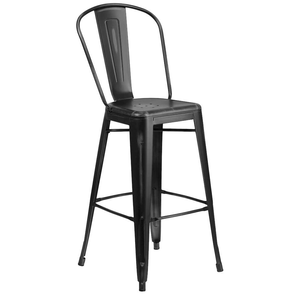 Commercial Grade 30" High Distressed Black Metal Indoor-Outdoor Barstool with Back. Picture 1