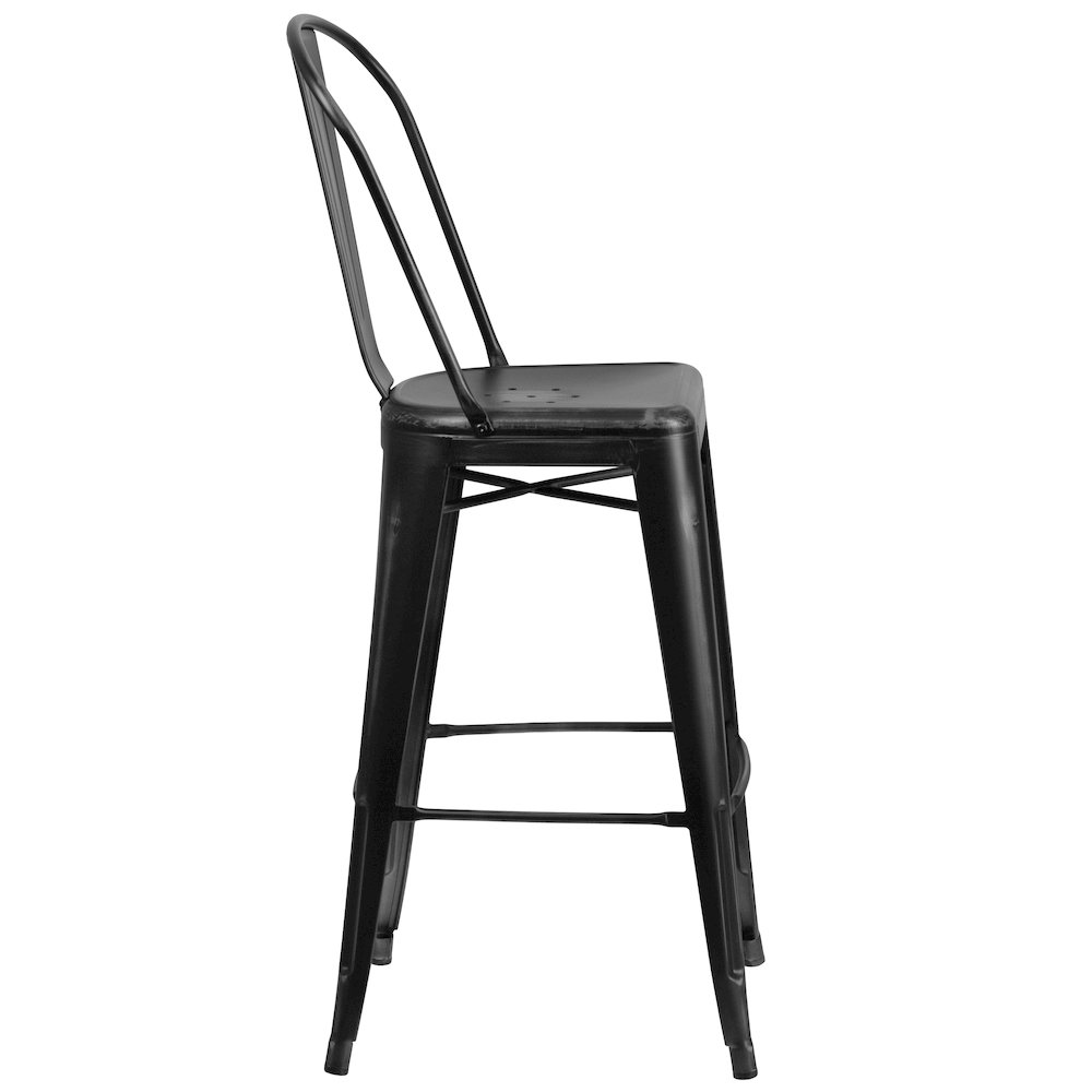 Commercial Grade 30" High Distressed Black Metal Indoor-Outdoor Barstool with Back. Picture 3